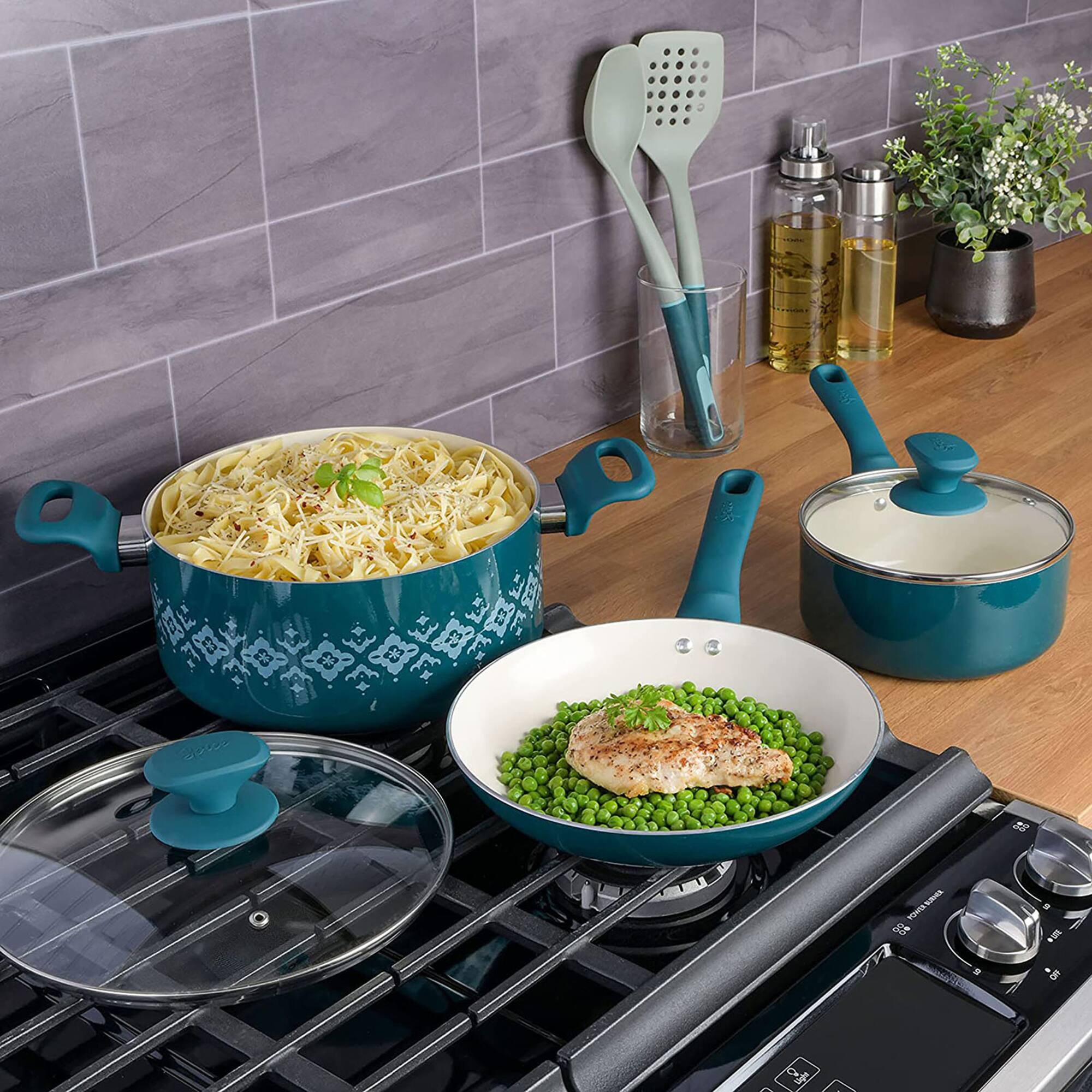 Spice by Tia Mowry Savory Saffron Teal 7 Piece Ceramic Nonstick Aluminum Cookware Set with Nylon Utensils